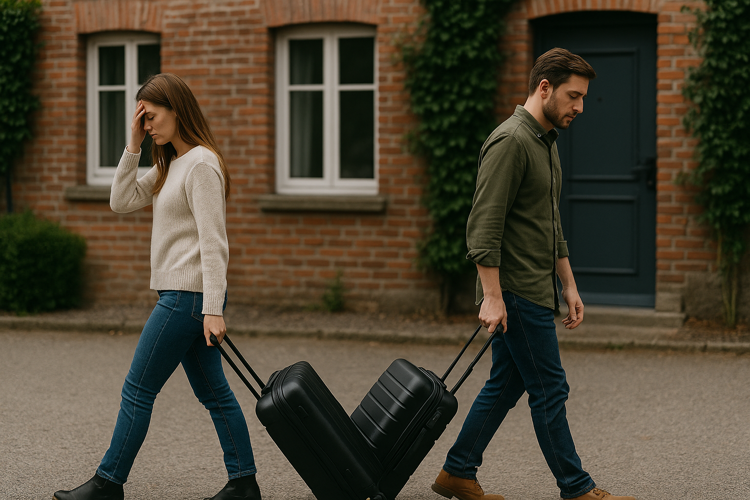Photographie réaliste d’un homme et d’une femme en pleine rupture, marchant dans des directions opposées avec leur valise à la main. Leurs visages expriment tristesse et détachement, illustrant visuellement une séparation douloureuse.