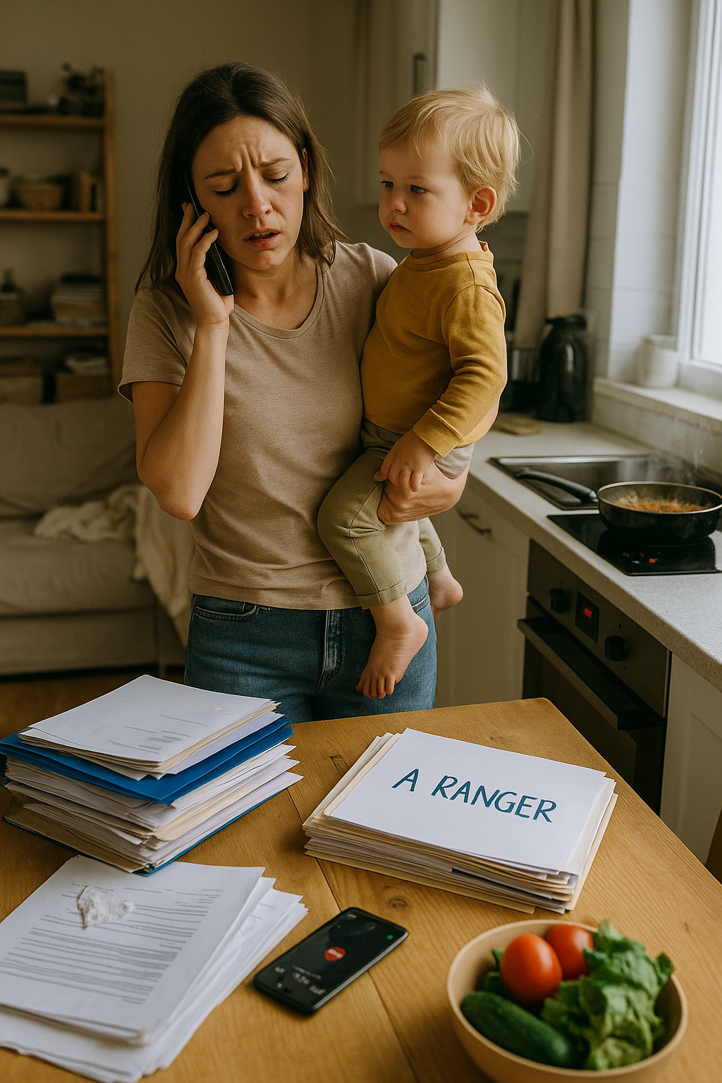 Une jeune femme dans sa cuisine, visiblement dépassée, tient son enfant dans un bras pendant que son téléphone sonne. Des casseroles sur le feu, un plan de travail encombré, et une pile de dossiers avec l’étiquette "à ranger" trônent sur la table basse du salon. Son regard exprime l'épuisement. Cette scène illustre la surcharge mentale que vivent tant de femmes, coincées entre charge familiale, tâches domestiques, responsabilités professionnelles et sollicitations constantes.
