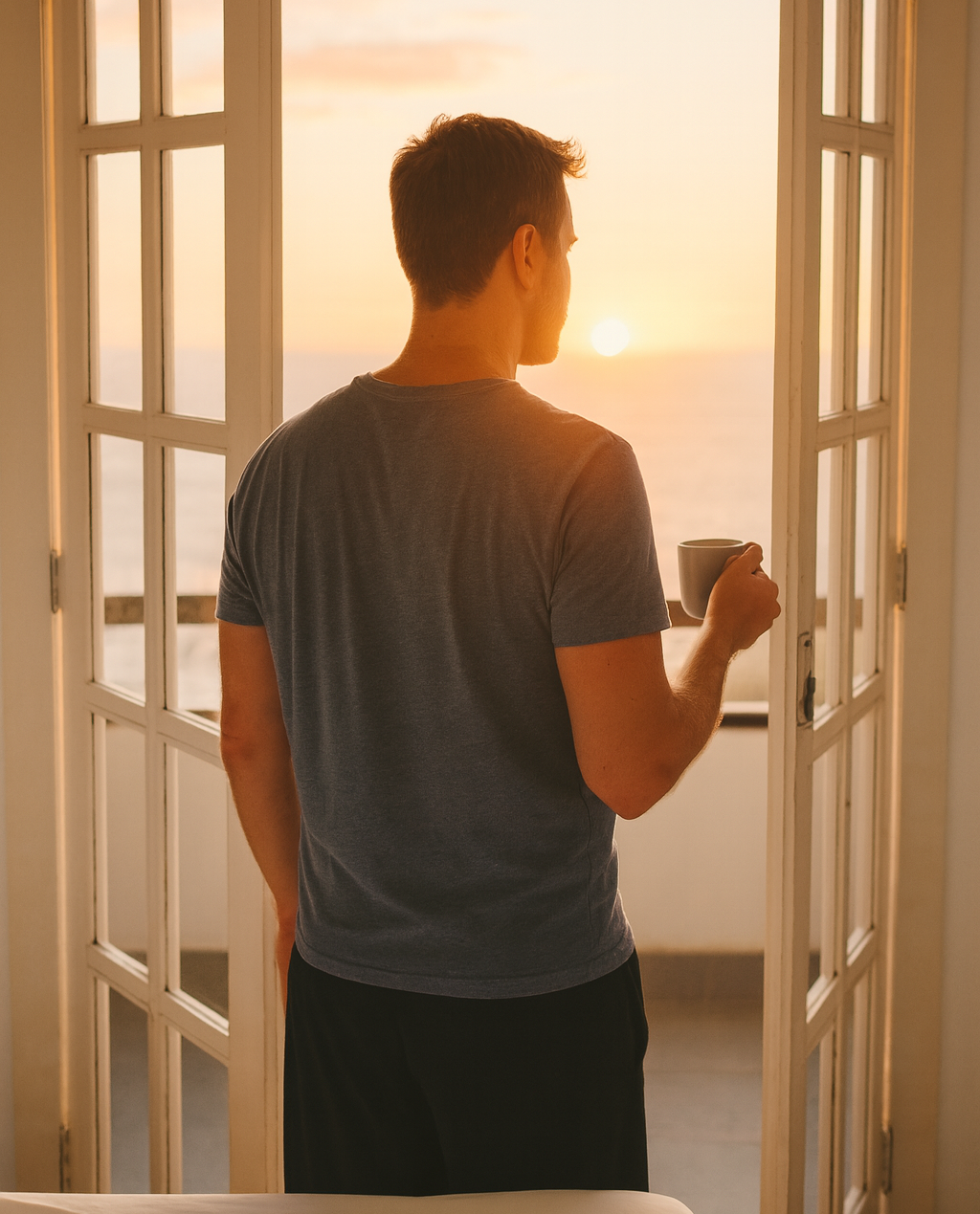 Ce matin-là, il n’a pas ouvert la porte pour fuir. Il l’a ouverte pour respirer. Il ne court plus après ce qui ne reviendra pas. Il choisit de faire la paix avec ce qui est. Et ça commence par une gorgée, face à la lumière.