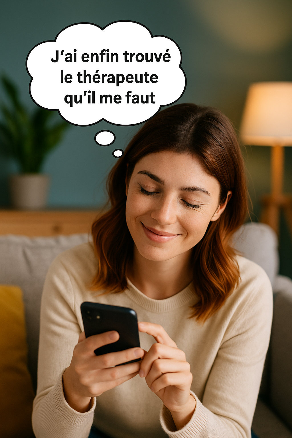 Femme souriante et apaisée sur son canapé, en train de composer un numéro de téléphone, avec une bulle de pensée indiquant : 'J’ai enfin trouvé le thérapeute qu’il me faut'.
